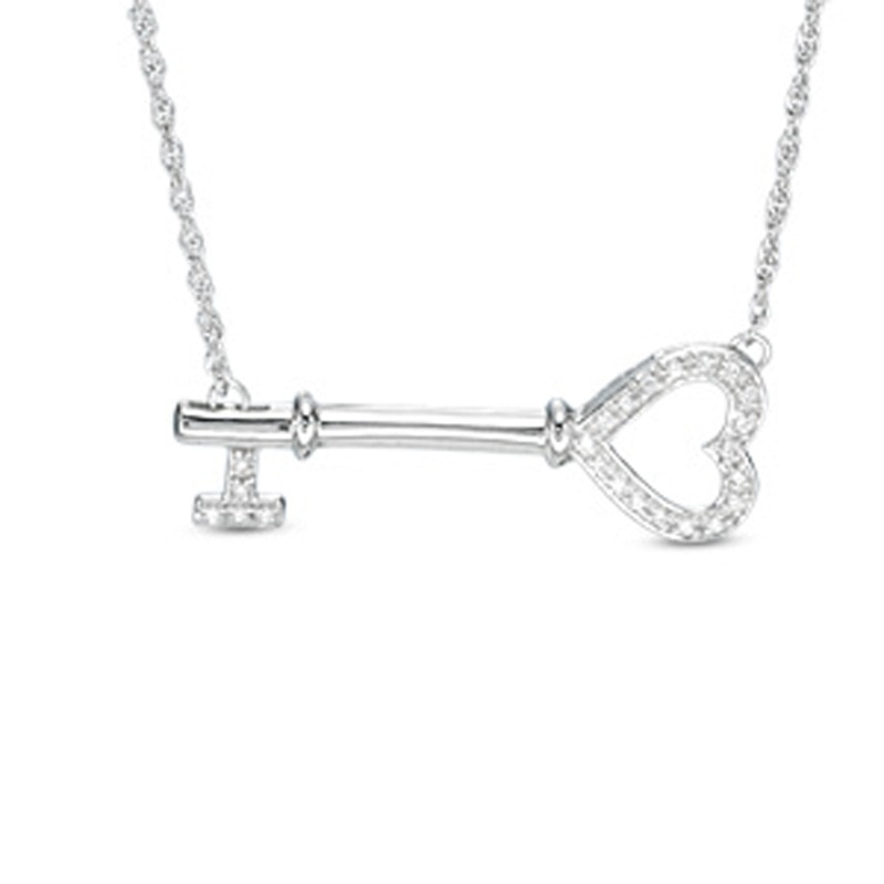 Main Image 1 of 1/10 CT. T.W. Diamond Sideways Heart Key Necklace in Sterling Silver
