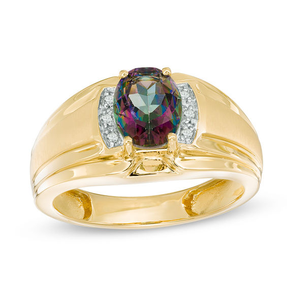 Men's Oval Mystic Fire® Topaz and Diamond Accent Ring in 10K Gold