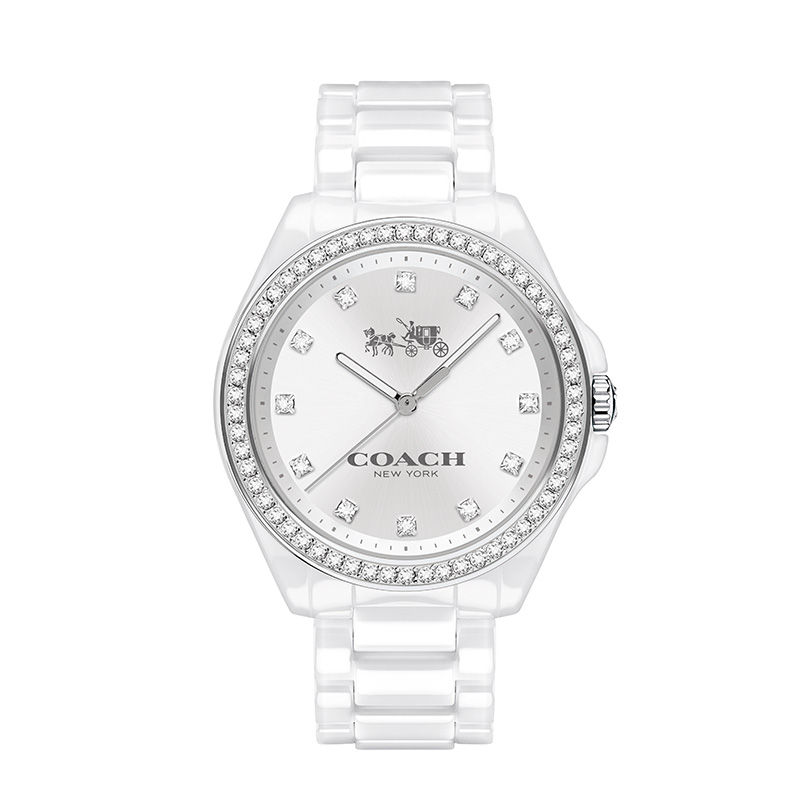 Main Image 1 of Ladies' Coach Tristen Crystal Accent White Ceramic Watch with Silver-Tone Dial (Model: 14502499)