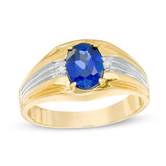 Men's Oval Lab-Created Blue Sapphire and Diamond Accent Ring in 10K Two-Tone Gold