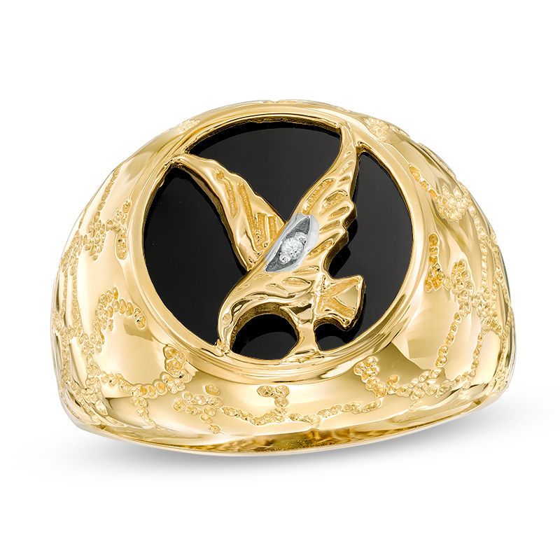Men's Onyx Eagle and Diamond Accent Signet Ring in 10K Gold