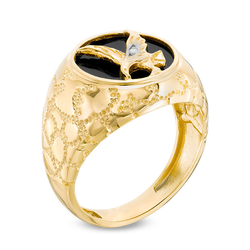 Men's Onyx Eagle and Diamond Accent Signet Ring in 10K Gold