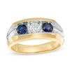 Thumbnail Image 1 of Men's Blue Sapphire and 1/3 CT. Diamond Three-Stone Ring in 10K Gold