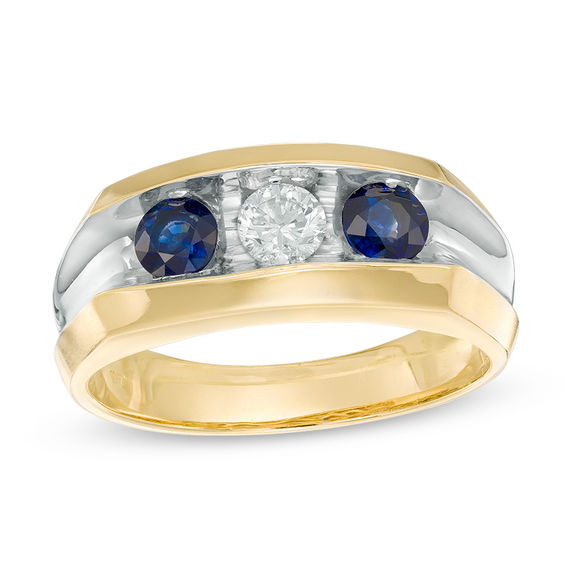 Blue Sapphire and 1/3 CT. Diamond Three-Stone Ring in 10K Gold