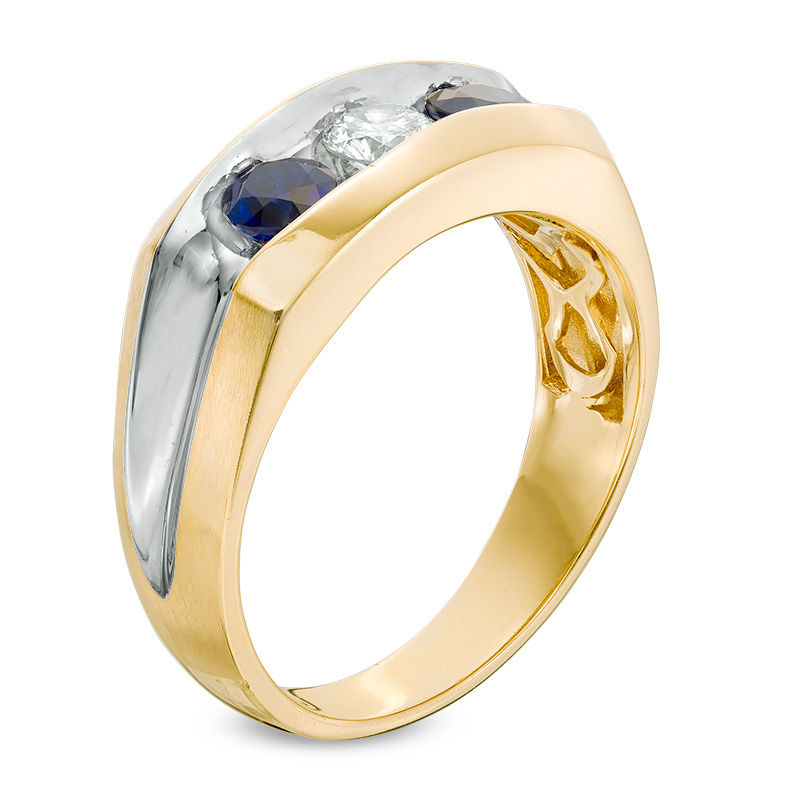 Men's Blue Sapphire and 1/3 CT. Diamond Three-Stone Ring in 10K Gold