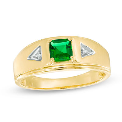 Men's EMERALD Ring with DIAMOND Accents Solid Silver in 18k Yellow Gold Plated 