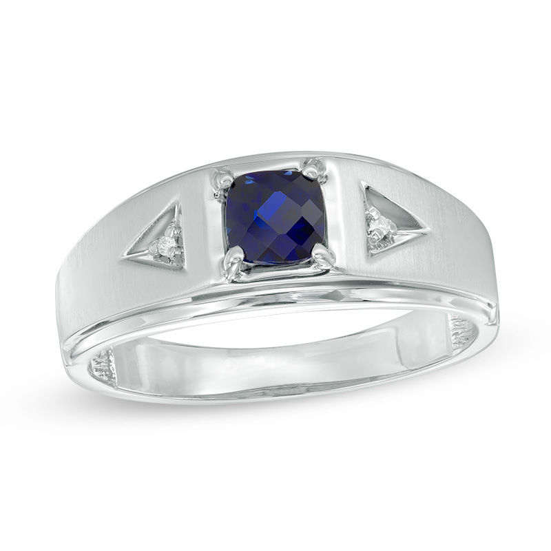 Men's 5.0mm Cushion-Cut Lab-Created Blue Sapphire and Diamond Accent Ring in 10K White Gold