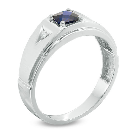 Men's 5.0mm Cushion-Shaped Lab-Created Blue Sapphire and Diamond Accent Ring in 10K White Gold