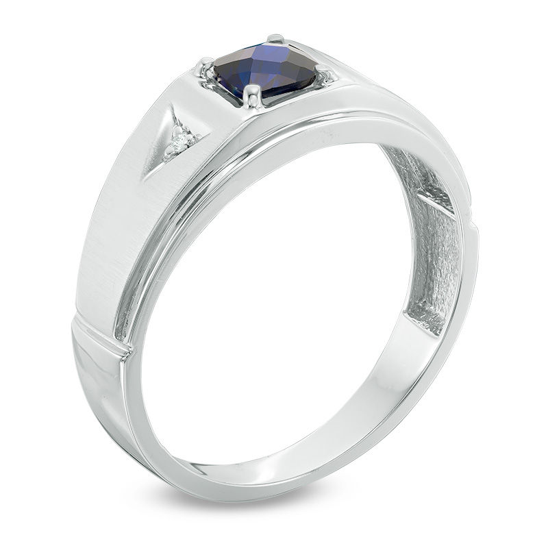 Men's 5.0mm Cushion-Cut Lab-Created Blue Sapphire and Diamond Accent Ring in 10K White Gold