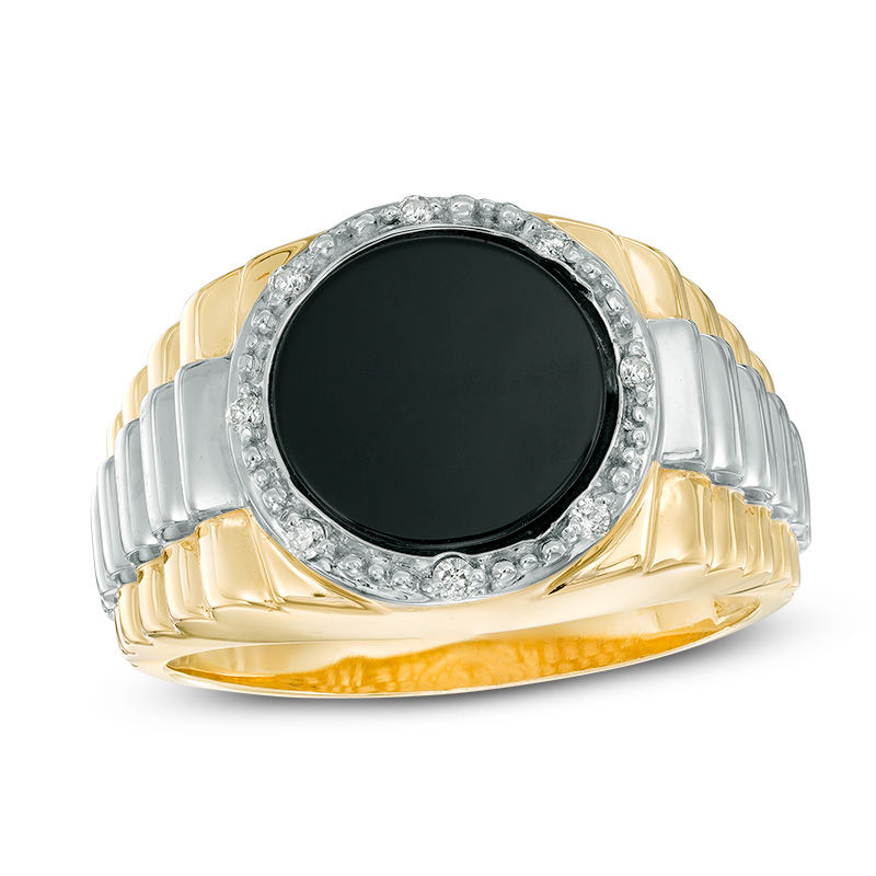 Men's Onyx and Diamond Accent Frame Stepped Shank Signet Style Ring in 10K Two-Tone Gold