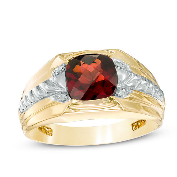 8.0mm Cushion-Shaped Garnet and Diamond Accent Comfort Fit Ring in 10K Gold