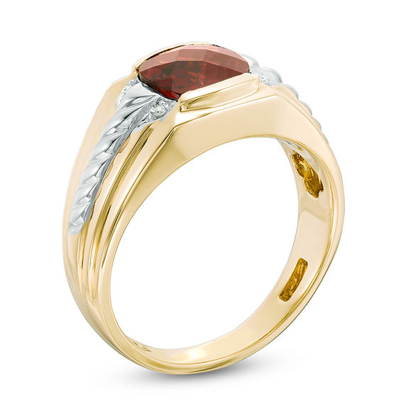 8.0mm Cushion-Shaped Garnet and Diamond Accent Comfort Fit Ring in 10K Gold