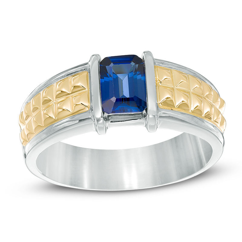 Men's Octagonal Lab-Created Blue Sapphire Band in 10K Two-Tone Gold