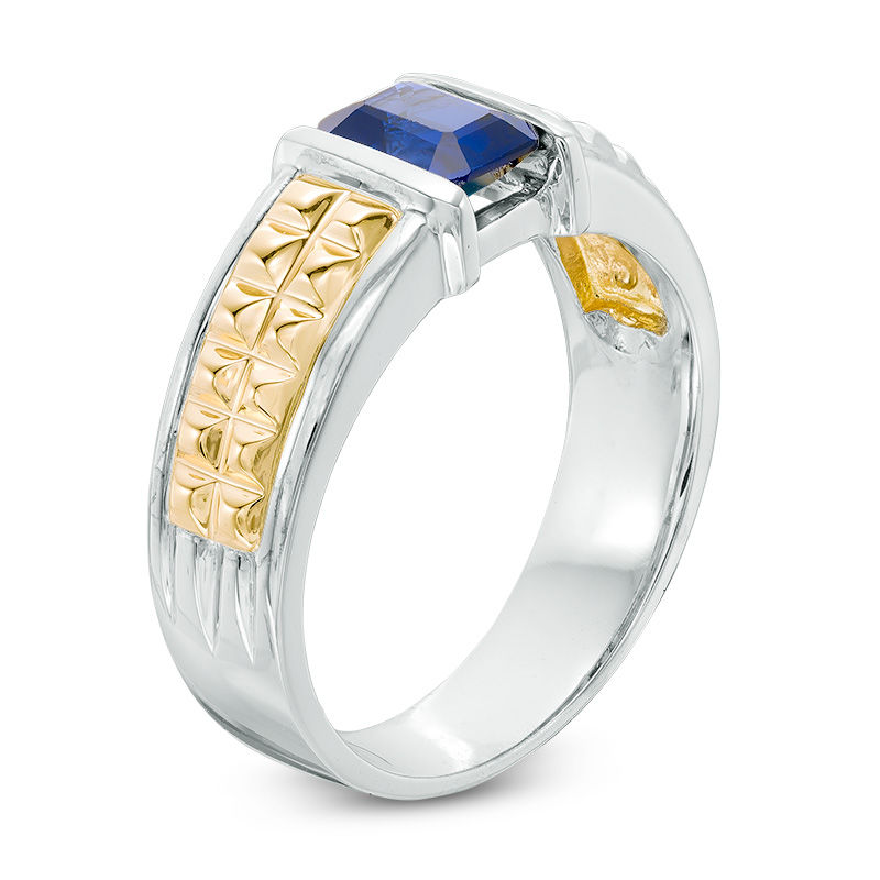 Men's Octagonal Lab-Created Blue Sapphire Band in 10K Two-Tone Gold