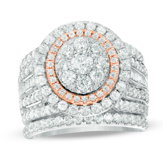 3 CT. T.w. Composite Diamond Frame Multi-Row Bridal Set in 14K Two-Tone Gold