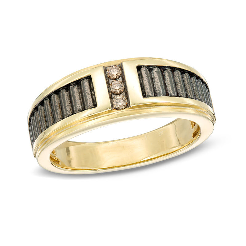 Main Image 1 of 1/10 CT. T.W. Champagne Diamond Three Stone Band in 10K Gold with Black Rhodium