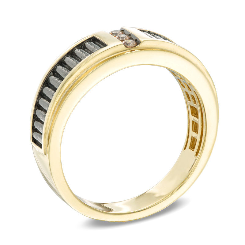 Main Image 2 of 1/10 CT. T.W. Champagne Diamond Three Stone Band in 10K Gold with Black Rhodium