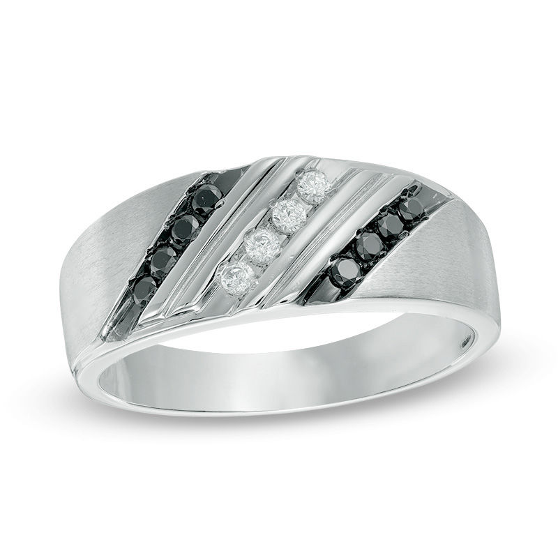 Main Image 1 of 1/4 CT. T.W. Enhanced Black and White Diamond Triple Slant Satin Band in 10K White Gold