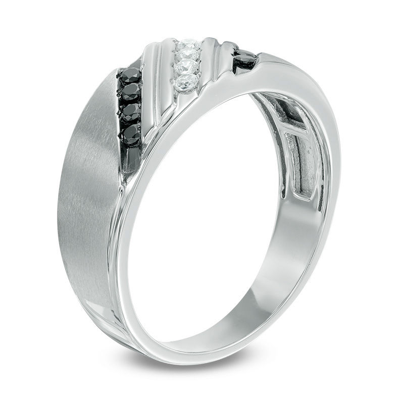 Main Image 2 of 1/4 CT. T.W. Enhanced Black and White Diamond Triple Slant Satin Band in 10K White Gold