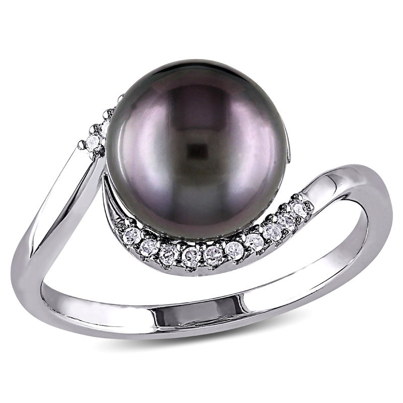 9.0 - 9.5mm Black Cultured Tahitian Pearl and 1/15 CT. T.W. Diamond Bypass Ring in Sterling Silver