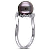 Thumbnail Image 1 of 9.0 - 9.5mm Black Cultured Tahitian Pearl and 1/15 CT. T.W. Diamond Bypass Ring in Sterling Silver
