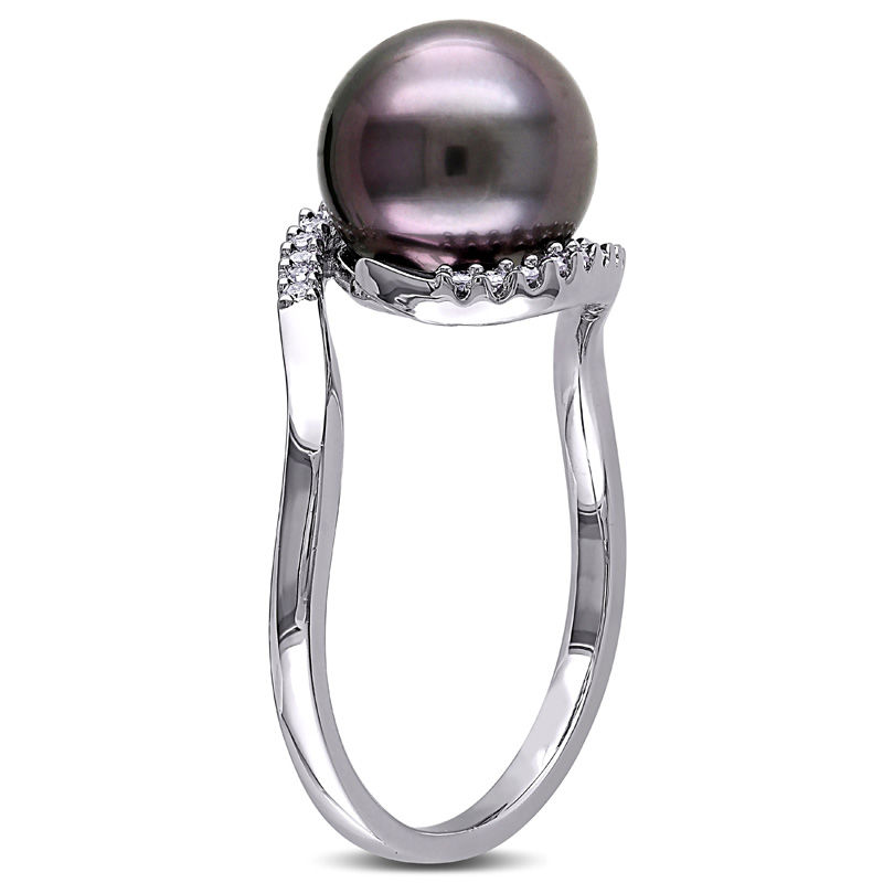 9.0 - 9.5mm Black Cultured Tahitian Pearl and 1/15 CT. T.W. Diamond Bypass Ring in Sterling Silver