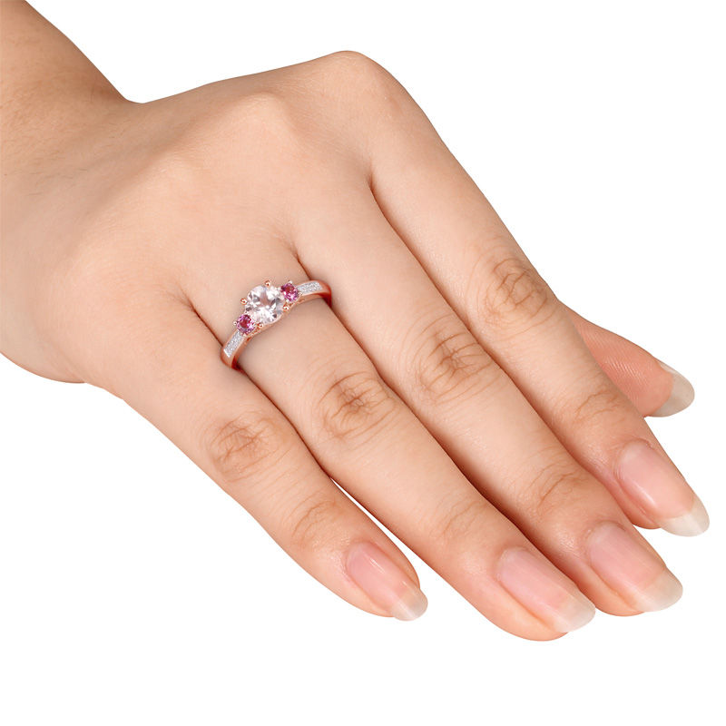 6.0mm Morganite, Pink Tourmaline and Diamond Accent Three Stone Ring in 10K Rose Gold