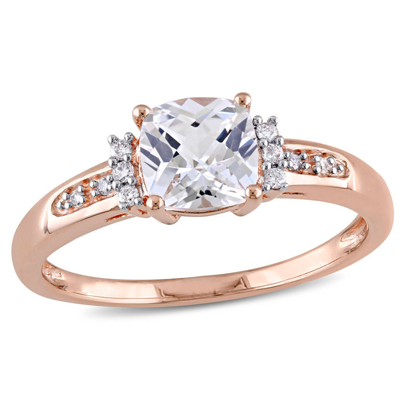 Main Image 1 of 6.0mm Cushion-Cut Lab-Created White Sapphire and Diamond Accent Ring in 10K Rose Gold