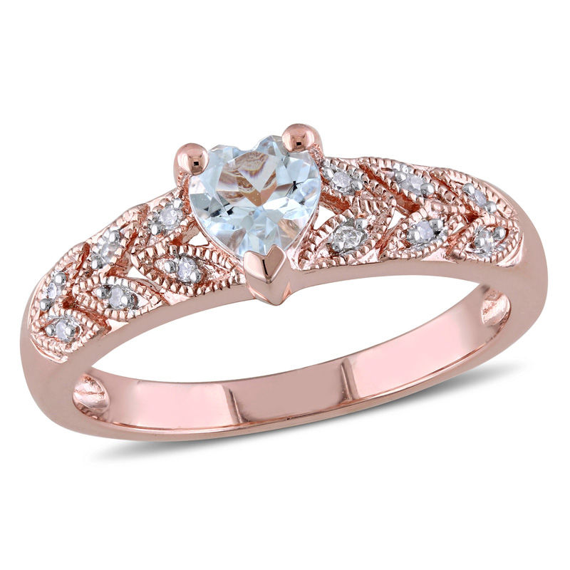 Main Image 1 of 5.0mm Heart-Shaped Aquamarine and Diamond Accent Vintage-Style Ring in Sterling Silver with Rose Rhodium