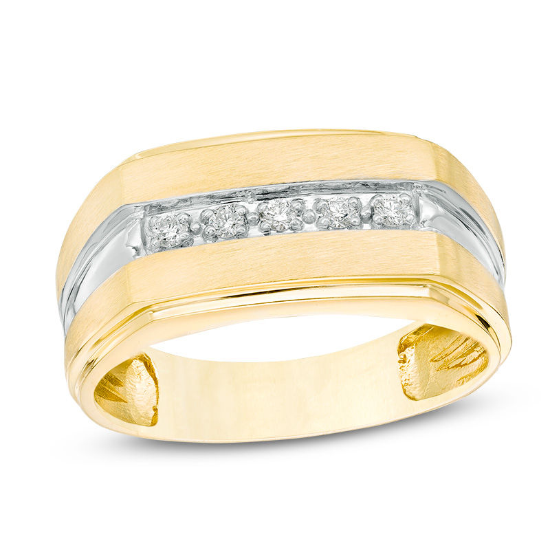 Main Image 1 of Men's 1/10 CT. T.W. Diamond Five Stone Wedding Band in 10K Two-Tone Gold