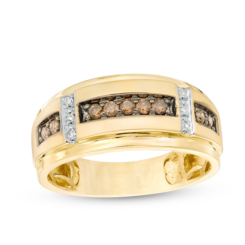 Men's 1/3 CT. T.W. Champagne and White Diamond Satin Wedding Band in 10K Gold