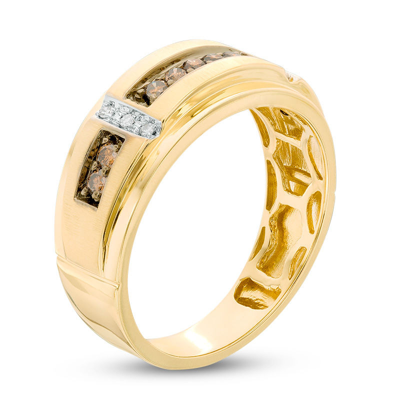 Main Image 2 of Men's 1/3 CT. T.W. Champagne and White Diamond Satin Wedding Band in 10K Gold