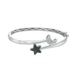 Enhanced Black and White Diamond Accent Star and Moon Bypass Bangle in Sterling Silver - 7.5&quot;