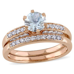 6.0mm Aquamarine and 1/3 CT. T.W. Diamond Vintage-Style Bridal Set in 10K Rose Gold