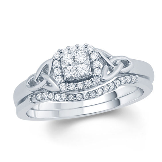 1/4 CT. T.w. Quad Diamond Frame Celtic Knot Bridal Set in Sterling Silver