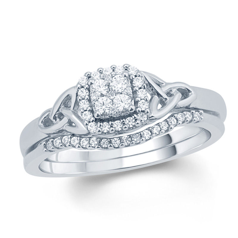 Main Image 1 of 1/4 CT. T.W. Quad Diamond Frame Celtic Knot Bridal Set in Sterling Silver