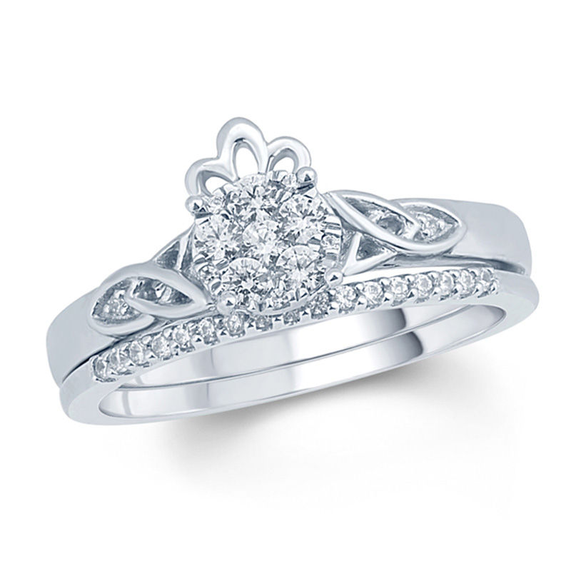 1/3 CT. T.W. Diamond Flower Cluster Celtic Trinity Knot and Crown Bridal Set in 10K White Gold