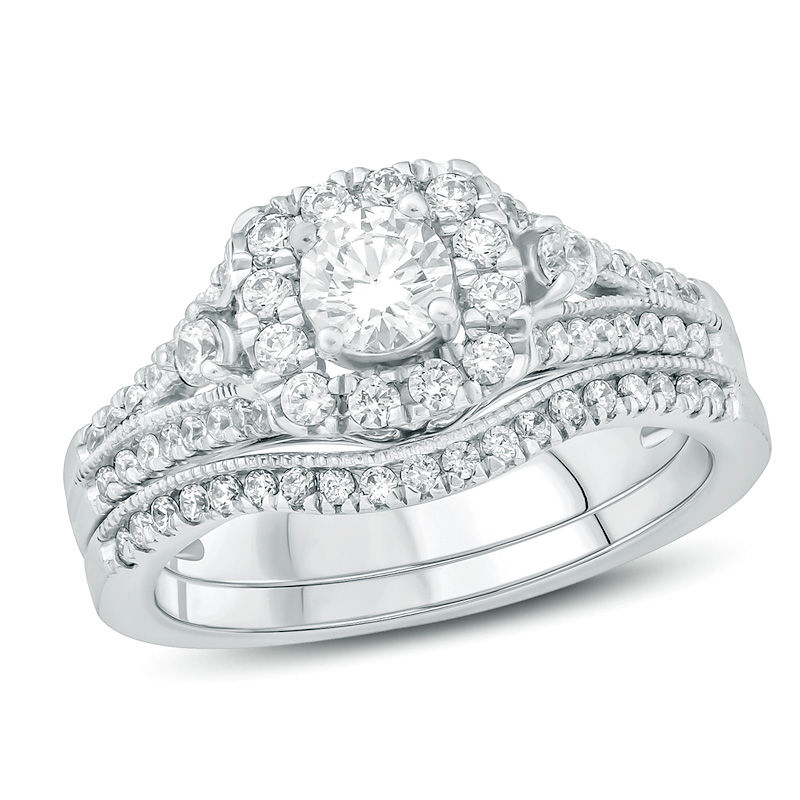 Main Image 1 of 1 CT. T.W. Diamond Cushion Frame Vintage-Style Bridal Set in 10K White Gold