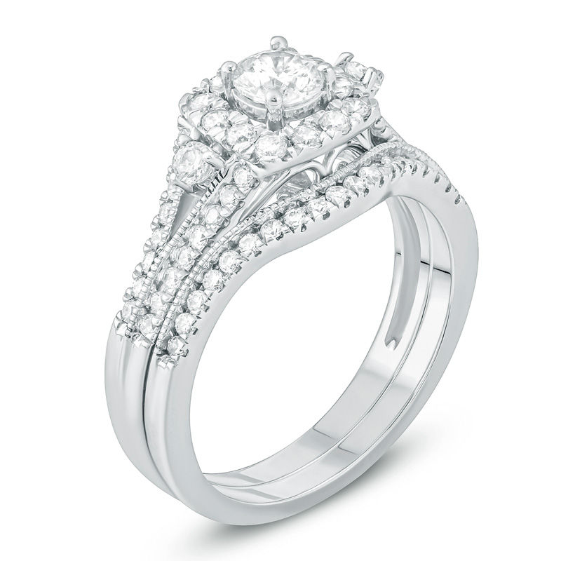 Main Image 2 of 1 CT. T.W. Diamond Cushion Frame Vintage-Style Bridal Set in 10K White Gold