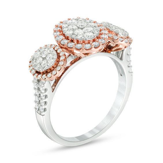 1 CT. T.w. Composite Diamond Three Stone Oval Frame Ring in 10K Two-Tone Gold