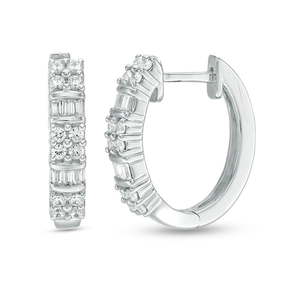 1/2 CT. T.w. Baguette and Round Quad Diamond Alternating Hoop Earrings in 10K White Gold