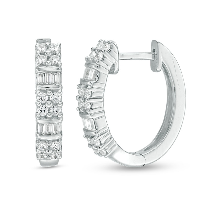 1/2 CT. T.W. Baguette and Round Quad Diamond Alternating Hoop Earrings in 10K White Gold