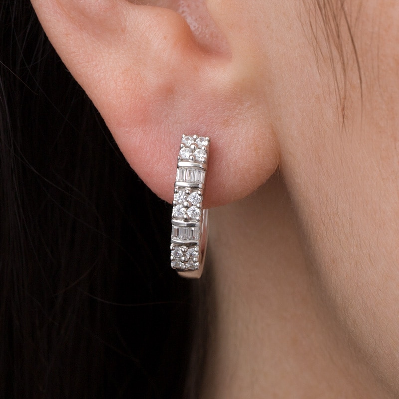 1/2 CT. T.W. Baguette and Round Quad Diamond Alternating Hoop Earrings in 10K White Gold
