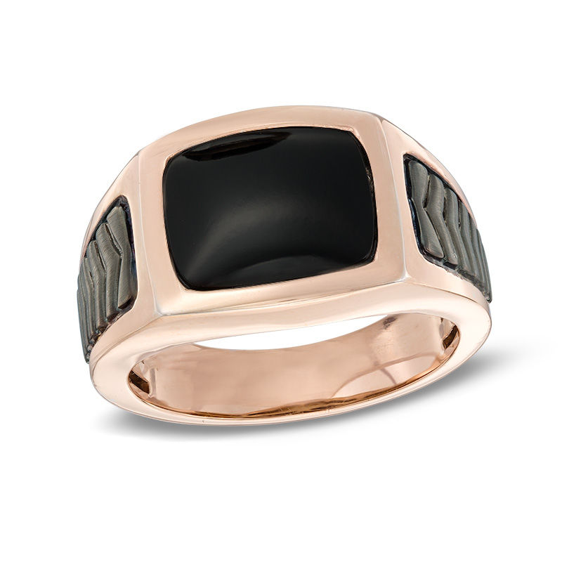 Men's Cushion-Cut Onyx Ring in 10K Rose Gold with Black Rhodium