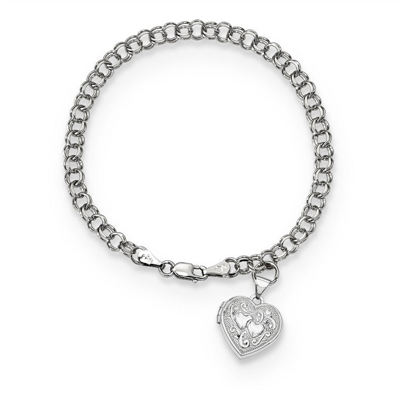 Vintage-Style Scroll Heart-Shaped Locket Charm Bracelet in 14K White Gold