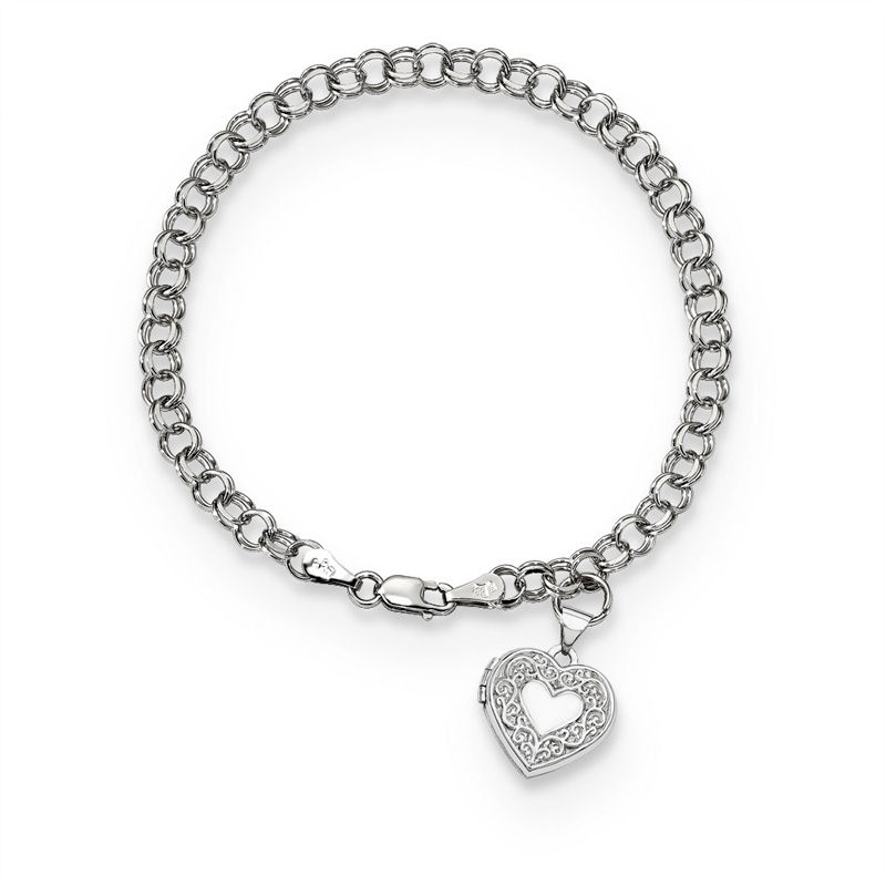 Etched Scroll Heart-Shaped Locket Charm Bracelet in 14K White Gold