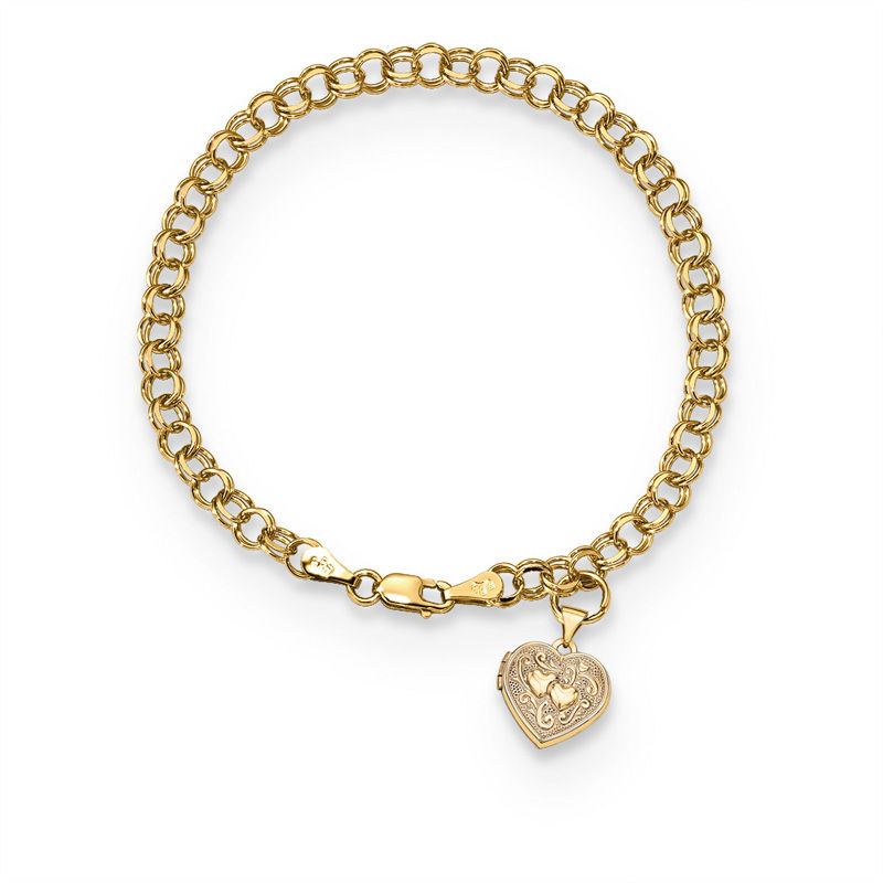 Etched Scroll Heart-Shaped Locket Charm Bracelet in 14K Gold
