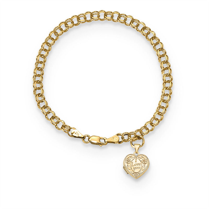 "I Love You" with Flowers Heart-Shaped Locket Charm Bracelet in 14K Gold