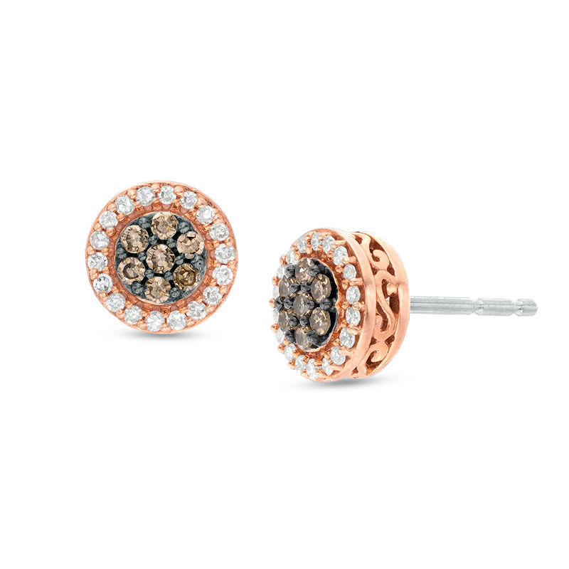 Main Image 1 of 1/4 CT. T.W. Champagne and White Multi-Diamond Frame Stud Earrings in 10K Rose Gold