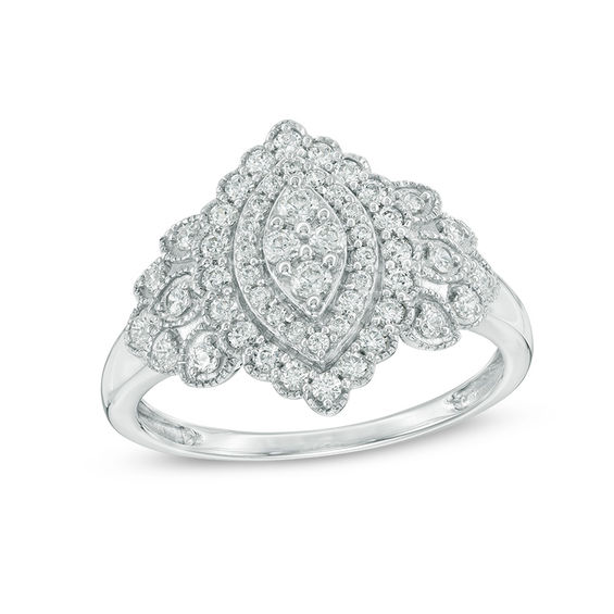 1/2 CT. T.w. Composite Diamond Marquise Frame Vintage-Style Ring in 10K White Gold